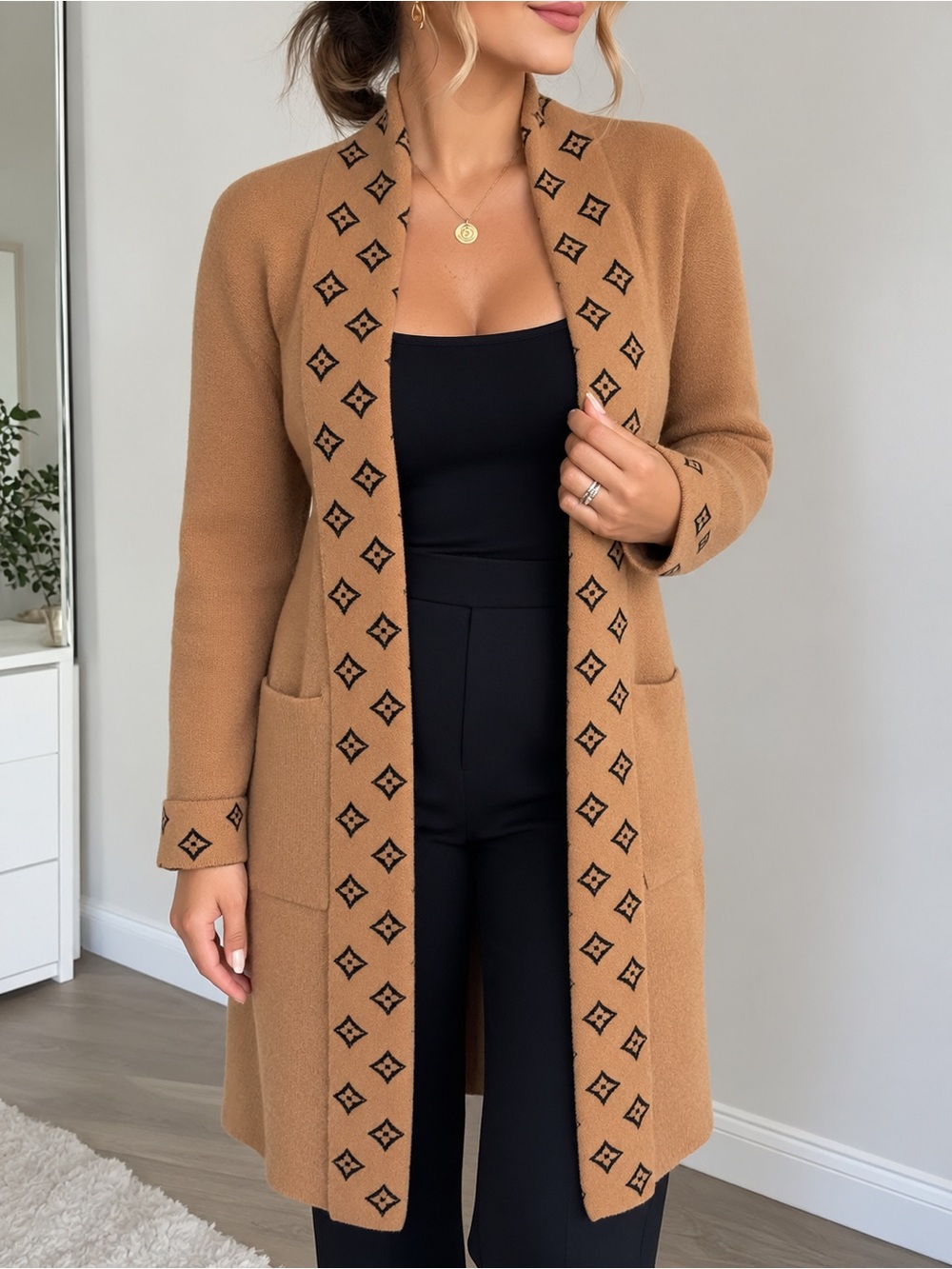 Brown Patterned Open Front Women's Cardigan